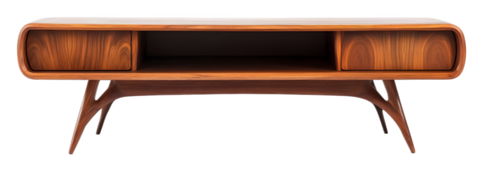 Midcentury modern wood TV stand isolated on a white background