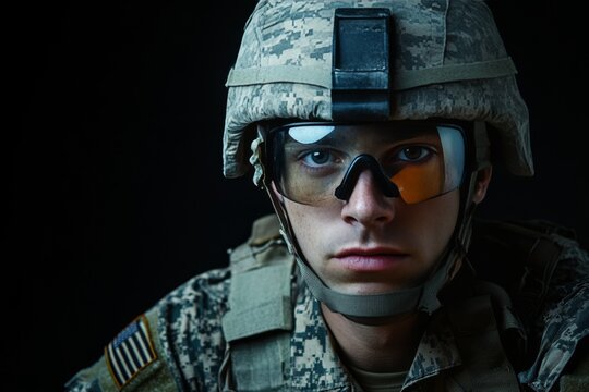 Close up portrait of an american soldier in tactical gear with night vision goggles and helmet