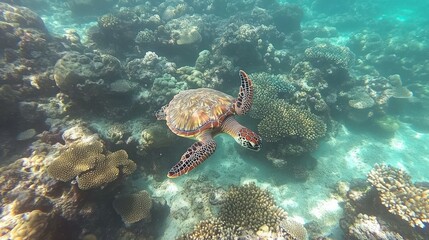 Obraz premium Majestic Sea Turtle Gracefully Navigating Vibrant Coral Reef