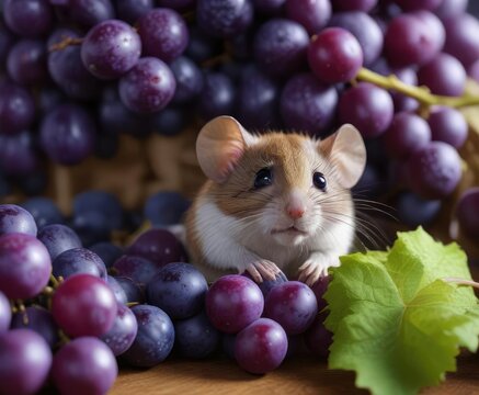 Doormouse peeking out from behind a bunch of purple concord grapes, doormouse, concord grapes, food