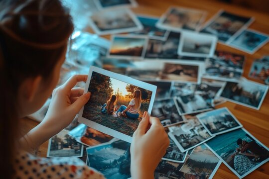 Woman holding printed photo of mother and daughter at sunset while looking through old family pictures