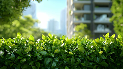 Lush Green Hedge Row with Sunlight in Urban Setting Featuring Modern Buildings and City Landscape