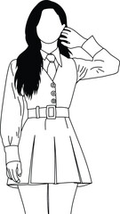 Black and white line drawing of a stylish woman in fashionable clothes featuring detailed clothing elements, hair and expressive pose. Ideal for design concepts and fashion illustrations.