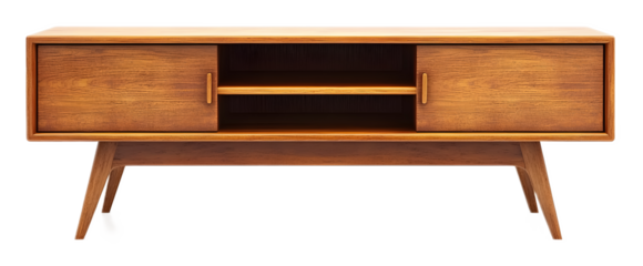 Midcentury modern wood TV stand isolated on a white background
