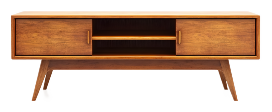 Midcentury modern wood TV stand isolated on a white background