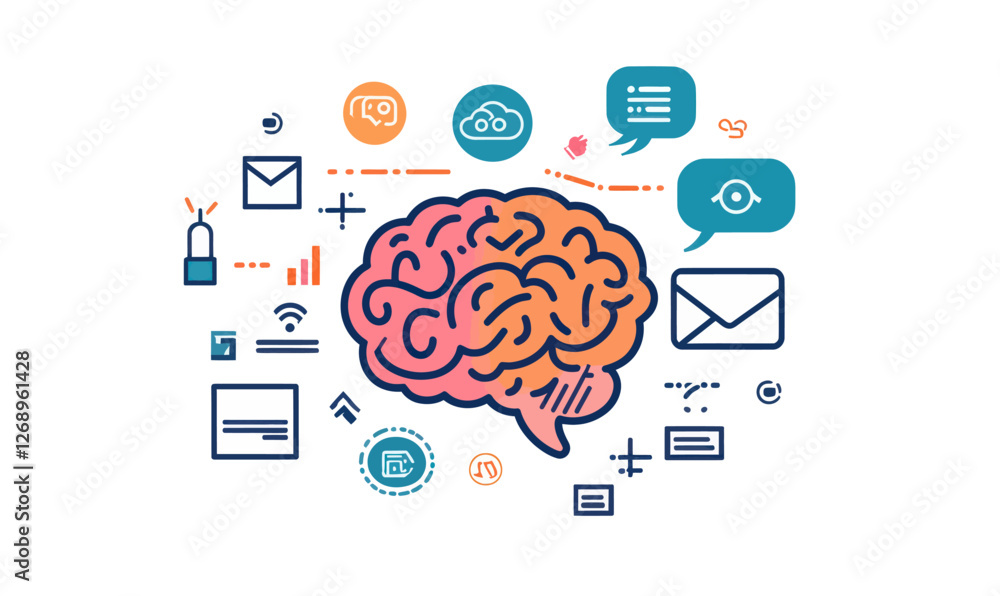 Poster digital ai brain with editable stroke icons representing chat technology and innovation