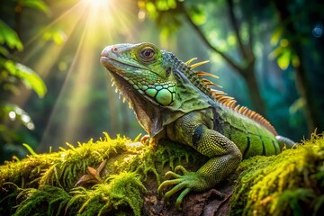 Fototapeta premium Green Iguana Resting on Tree Trunk, Tropical Wildlife Portrait