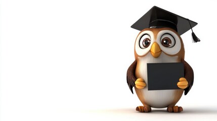 Cute Cartoon Owl Wearing Graduation Cap and Holding Blank Sign