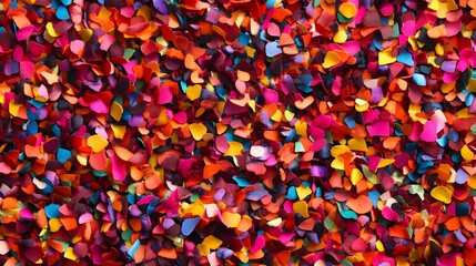 a vibrant, colorful assortment of small, irregularly shaped pieces of confetti in various shades of red, orange, yellow, pink, blue, and purple.