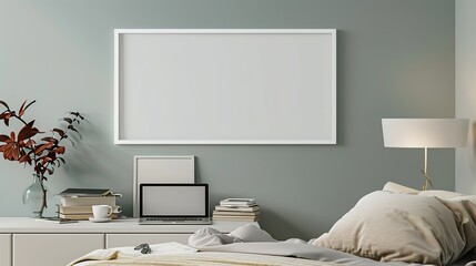 A white rectangular frame above a bedroom nightstand, surrounded by a cup, a laptop, and a small pile of books HD 8K mockup wallpaper Photographic Image