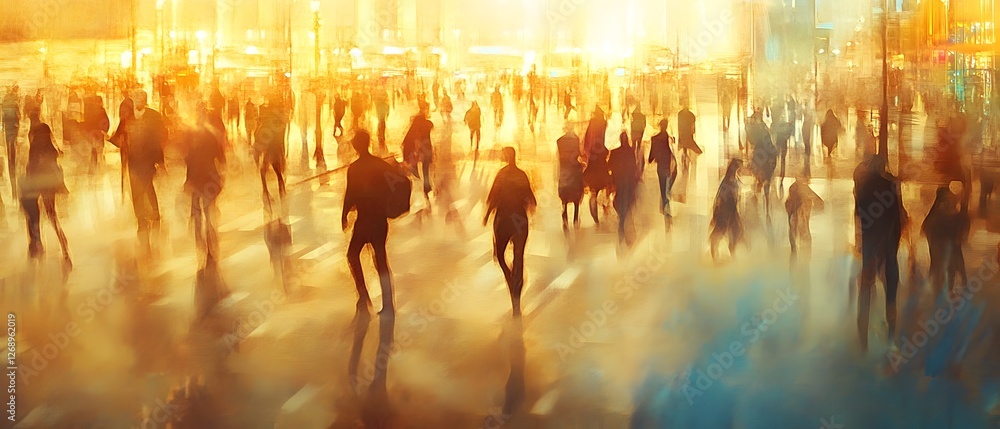 Poster Silhouettes of an anonymous urban crowd walking through city streets in a blurred golden hued motion  Concept of a busy dynamic commute or rush hour in a contemporary metropolitan setting