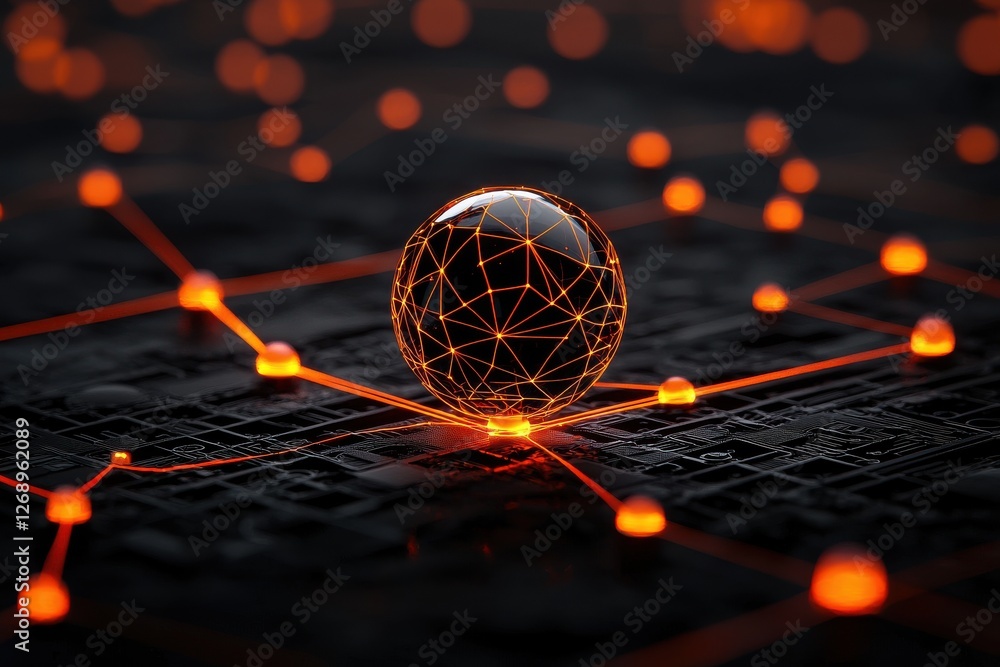 Poster a glowing sphere connected by glowing lines on a dark surface, representing digital networks and tec