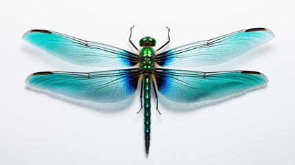 A close-up of a large, vibrant dragonfly with translucent wings, its body a mix of iridescent green and blue on a pure white background  