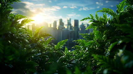 Naklejka premium Lush Green Leaves Framing Distant City Skyline at Sunrise with Golden Sunlight