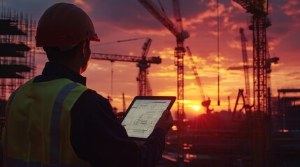 Male construction worker using tablet at sunset on site with cranes in background