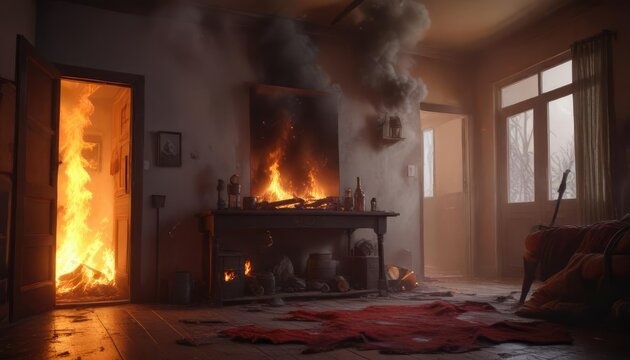 El bombero con manguera apaga un incendio en una habitaci?n llena de humo, incendio, humo