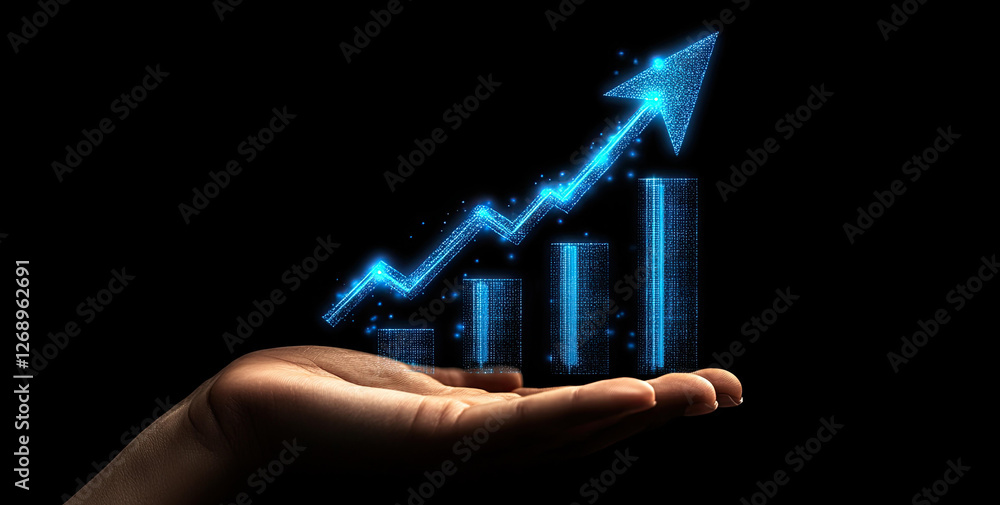 Poster digital growth chart on hand showing exponential business success and financial data visualization
