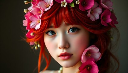 Portrait of a Vibrant Red-Haired Girl Adorned with Flowers