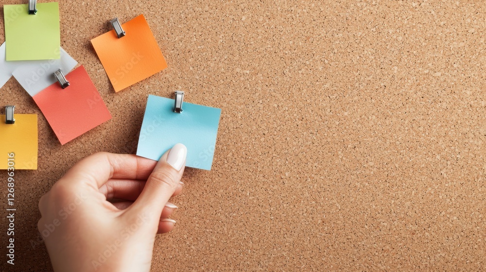 Poster a close up shot of a hand pinning a sticky note with a clearly defined goal to a corkboard, symboliz
