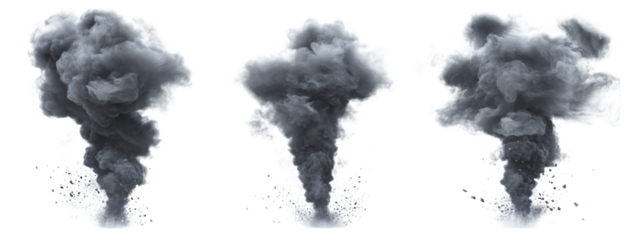 Dramatic vertical explosions with thick gray smoke clouds rising in series. Isolated on transparent background. Generative AI