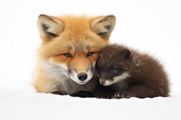 Obraz premium Adorable bond a fluffy bear cub comforts a relaxed red fox kit on a reflective surface
