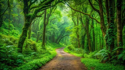 Fototapeta premium Emerald forest landscape with a winding dirt path leading through the dense foliage, outdoor, peacefulness