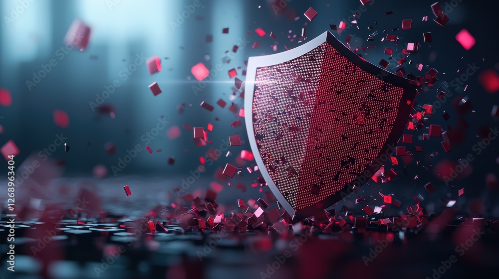 Poster a digital shield deflecting a barrage of malicious code, illustrating the constant battle against cy