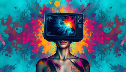 Symbiosis of Mind and Machine: A Person with a Television Head in a Surreal Digital Landscape