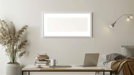 A white rectangular frame above a coffee table in a cozy living room, with a cup, a laptop, and a stack of books. HD 8K mockup wallpaper Photographic Image