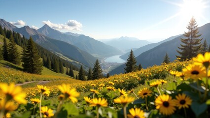 Obraz premium Springtime sneeze, Pollen from blooming plants against vivid mountains on horizon photorealistic.