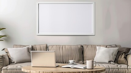 A white rectangular frame above a coffee table in a cozy living room with a cup, a laptop, and an open book HD 8K mockup wallpaper Photographic Image