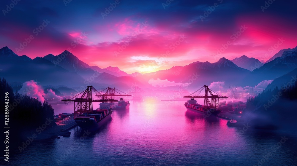 Aufkleber a bustling port at twilight, with cranes loading and unloading cargo ships, their towering structure