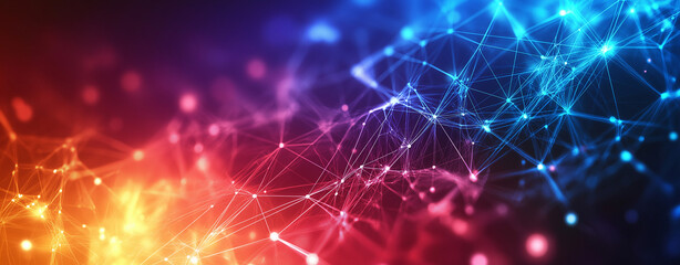 Abstract background with glowing lines and nodes in vibrant colors, showcasing digital network. interplay of blue, purple, and orange creates dynamic visual experience