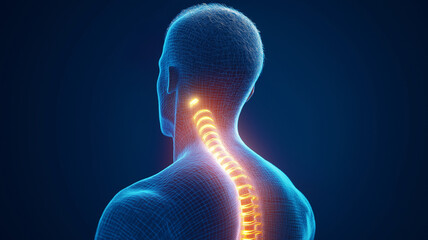 3D render of human back with glowing spine, illustrating anatomy and health. image conveys sense of vitality and focus on spinal wellness