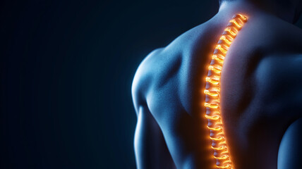 3D render of male back showcasing glowing spine, symbolizing health and vitality. image highlights spine structure against dark background, creating striking visual effect