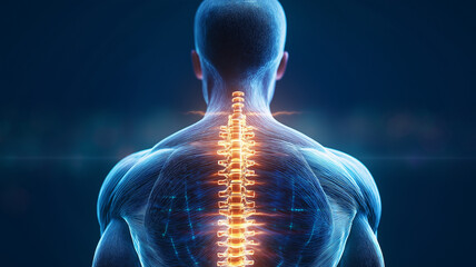 3D render of human back showcasing glowing spine, symbolizing pain relief and health. intricate details highlight anatomy and energy flow