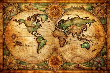 Naklejka premium Antique World Map with Compass, Vintage Cartography, Global Exploration, Ocean & Continent Illustration
