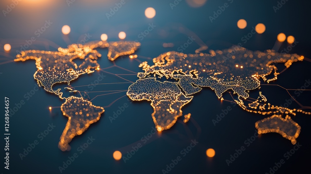 Poster a world map with glowing lines representing global internet connections and data transfer, illustrat