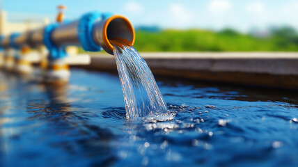 Water flows from pipe into tranquil body of water, creating ripples and reflecting blue sky. scene captures beauty of industrial water management