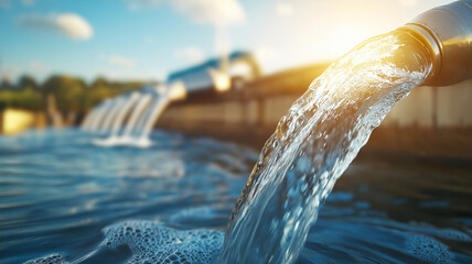 Water flows from pipe into reservoir, creating ripples and bubbles. sunlight reflects off surface, enhancing serene industrial landscape