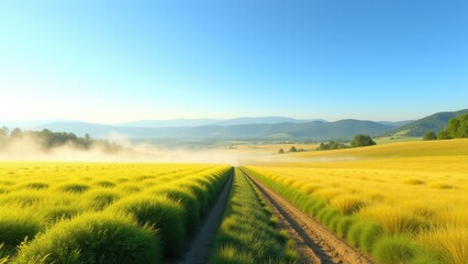 Springtime sneeze, Pollen mist over tall grasses in colorful rural landscape photorealistic.