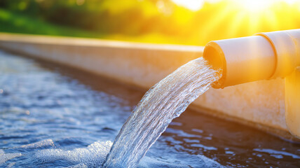 Water flows from pipe into serene pond, illuminated by sunlight, creating tranquil atmosphere. scene captures beauty of nature and soothing sound of flowing water