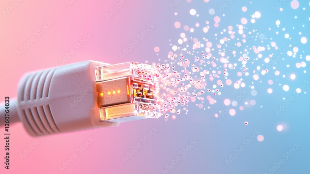 Poster a close up of a network cable plugged into a router, with data packets flowing through the wires at 