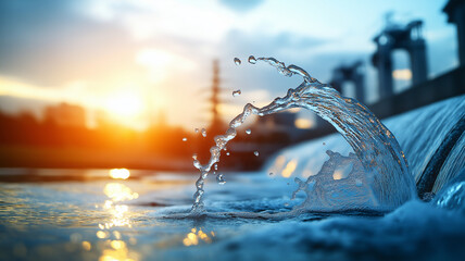Water flowing over dam in urban environment during sunset, creating beautiful splash. scene captures tranquility and movement of nature amidst city life