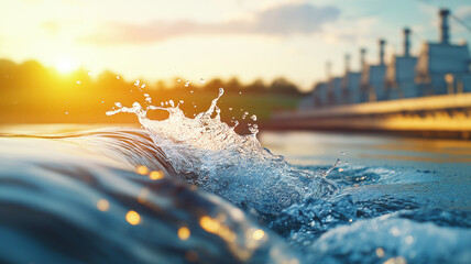 Water flowing over dam in urban environment, with sunlight reflecting on surface, creating serene and dynamic scene. splashes add sense of movement and tranquility