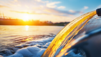 Water flowing from pipe into river at sunset, creating beautiful reflection on surface. scene captures tranquility and beauty of nature