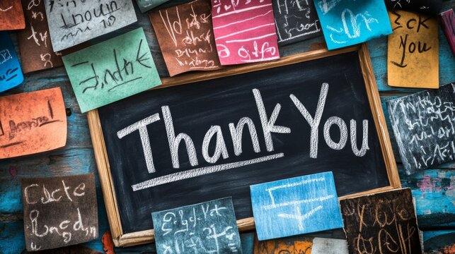 Chalkboard thank you surrounded by colorful note pads with scribbles