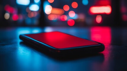 Smartphone with red screen on reflective surface in blurred city lights