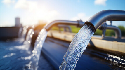 Water flowing from pipes in industrial setting, showcasing bright and sunny day. scene captures dynamic movement of water, emphasizing engineering of water systems