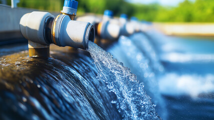 Water flowing from pipe into reservoir, showcasing beauty of nature and engineering. clear water cascades over edge, creating serene atmosphere